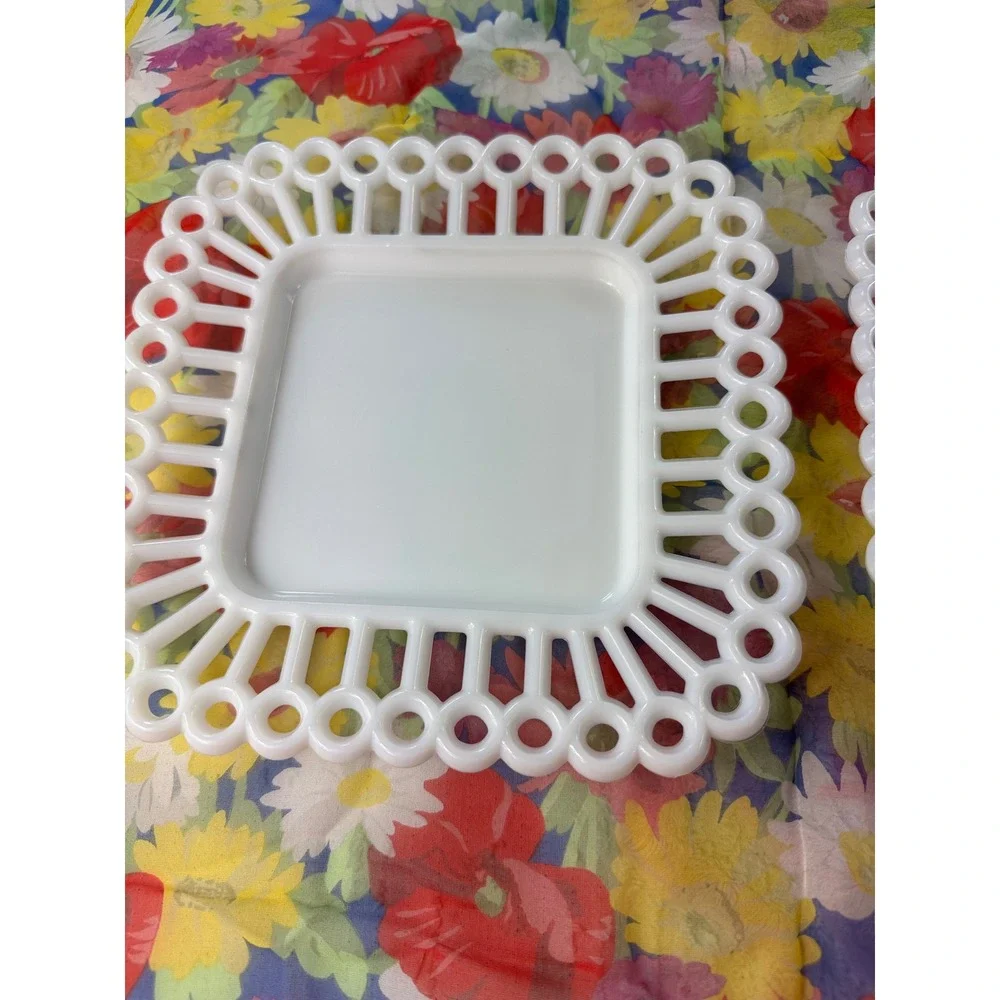 Vintage Westmoreland Milk Glass Open Lace Edge Square Plates Set of 2 White 7in